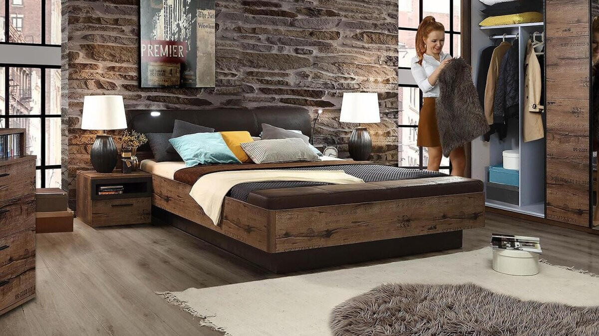 Bett Jacky Schlafzimmer Mit Bank Schlammeiche Und Schwarzeiche 180X20 inside Schlafzimmer Schlammeiche