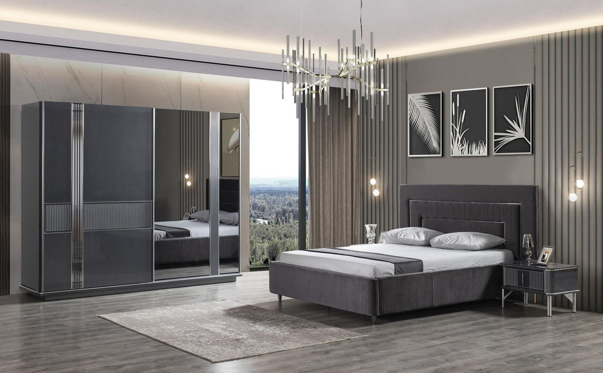 Luxury Solid Wood Bedroom Set Gray / Silver - 1 Double Bed With Headbo intended for Luxus Schlafzimmer Komplett Modern